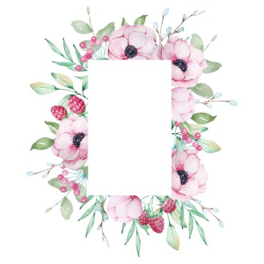 Pembe anemonlar ve ahududulardan oluşan suluboya çerçeve dikdörtgen