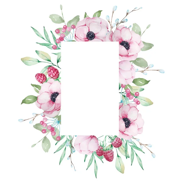 Watercolor Frame Rectangular Pink Anemones Raspberries — Stok fotoğraf