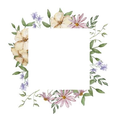 Bahçe bejinden suluboya kare çerçeve, pembe ve mor çiçek