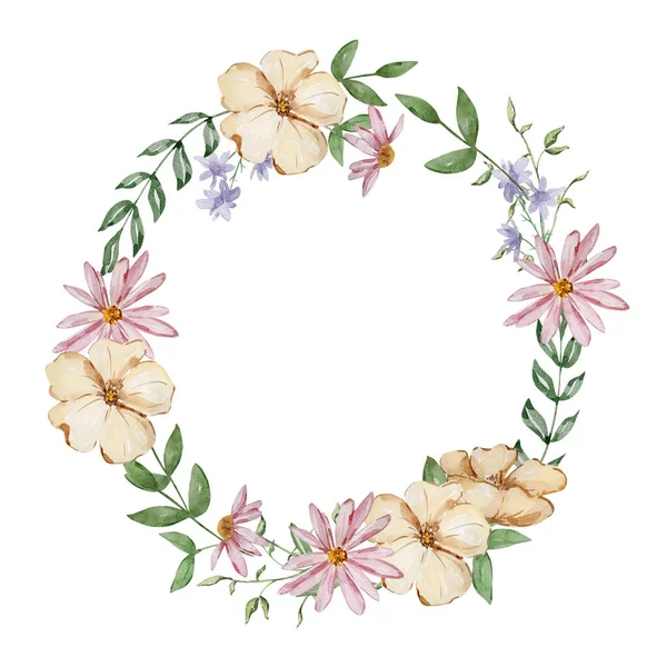 Aquarell Rahmenkranz Aus Beigen Rosa Und Lila Blumen — Stockfoto