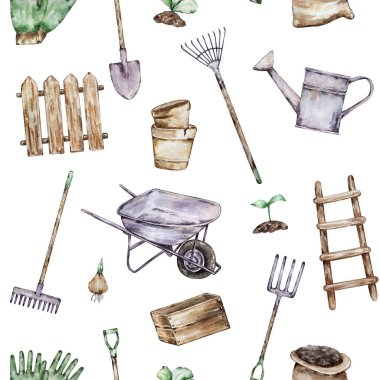 Suluboya elementlerinin kusursuz deseni. Bahçe işleri, bahçe aletleri, bitki.