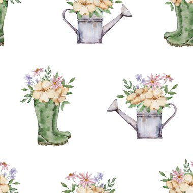 Suluboya elementlerin kusursuz deseni, bahçe lastiği botlar ve çiçekli bir sulama kutusu.