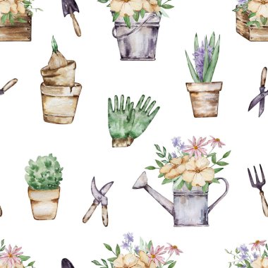 Suluboya elementlerinin kusursuz deseni, bahçe aletleri, saksılar ve bitkiler.