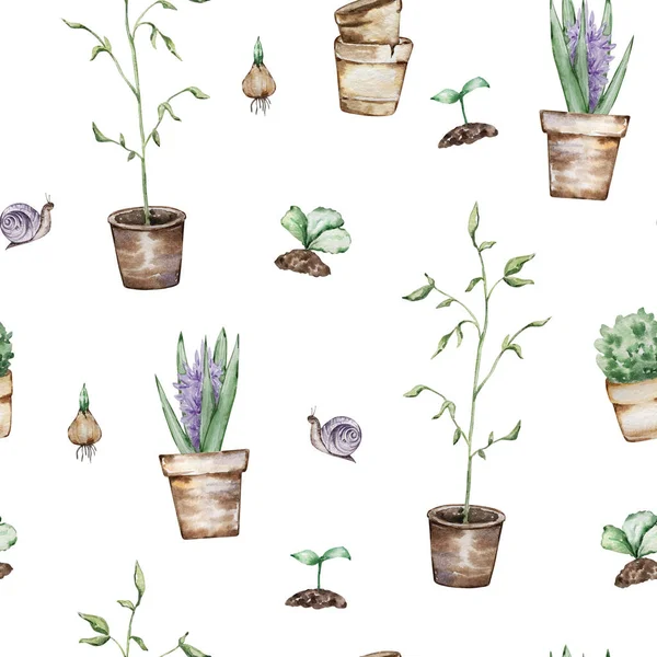 Seamless Pattern Watercolor Gardening Elements Plant Pots Sprout — Stock Photo, Image