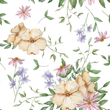 Suluboya elementleri, bahçe çiçekleri ve bitkilerin kusursuz deseni.