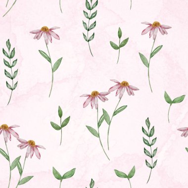 Sulu boya elementlerinin kusursuz deseni bahçe bitkileri, pembe çiçekler ve yapraklı dallar.