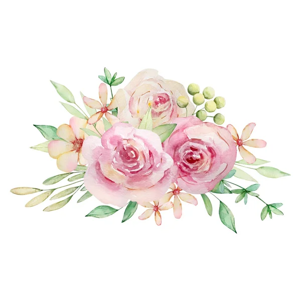 Υδατογραφία Απεικόνιση Ενός Μπουκέτο Από Ανοιχτό Ροζ Τριαντάφυλλα Και Φύλλα — Φωτογραφία Αρχείου
