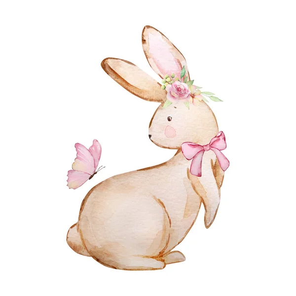 Akvarell Våren Påsk Illustration Kanin Med Blommor Och Fjäril — Stockfoto
