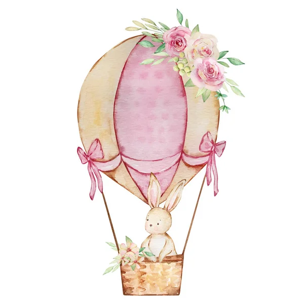 Akvarel Jarní Velikonoční Zajíček Horkovzdušném Balónu Zdobeném Květinou — Stock fotografie