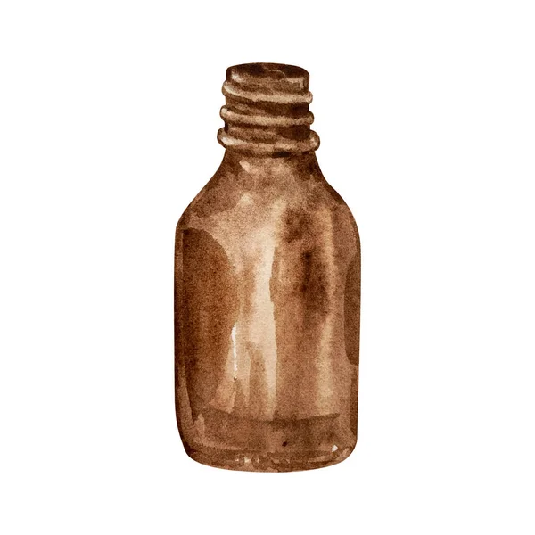 Waterkleur Bruine Open Glazen Fles Geïsoleerd Met Hand Getrokken — Stockfoto