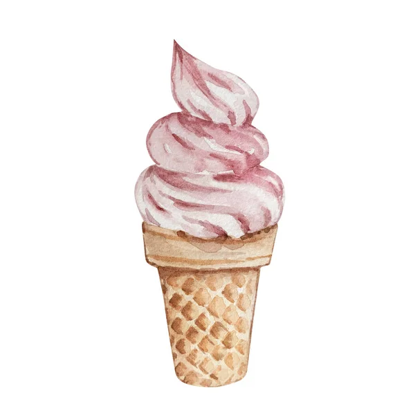 Aquarelle Rose Crème Glacée Dans Une Gaufre — Photo