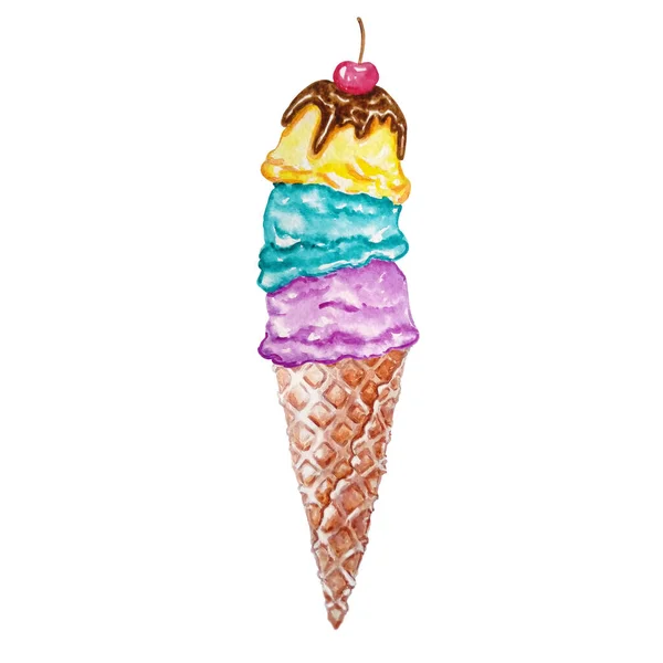 Fruta Sorvete Aquarela Com Cereja Uma Xícara Cone Waffle — Fotografia de Stock