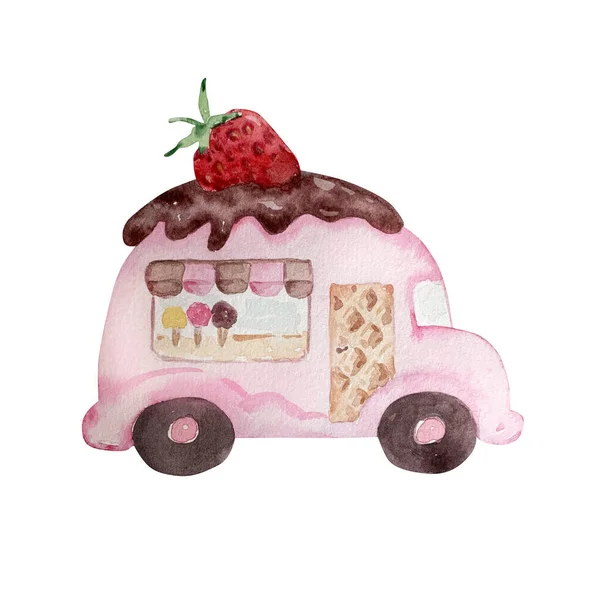 Watercolor Pink Bus Shop Ice Cream Chocolate Strawberrie — Stock Photo, Image