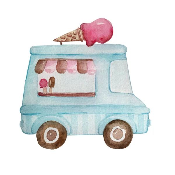 Watercolor Blue Bus Shop Ice Cream — Stock Photo, Image