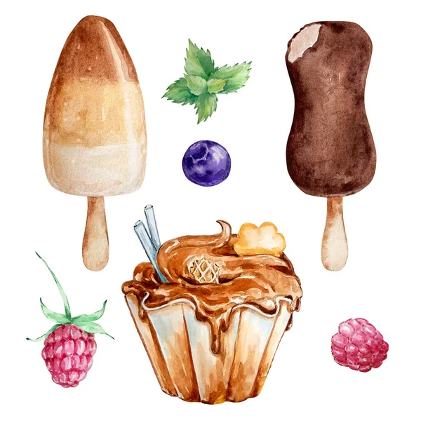 Акварельний Набір Шоколадних Карамельних Морозива Беррі — стокове фото