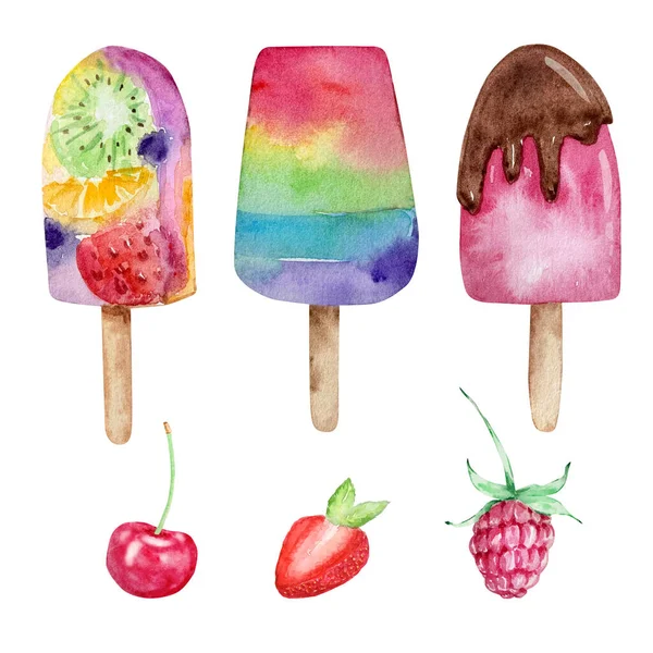Akvarell Készlet Gyümölcs Fagylaltok Egy Bottal Berrie — Stock Fotó