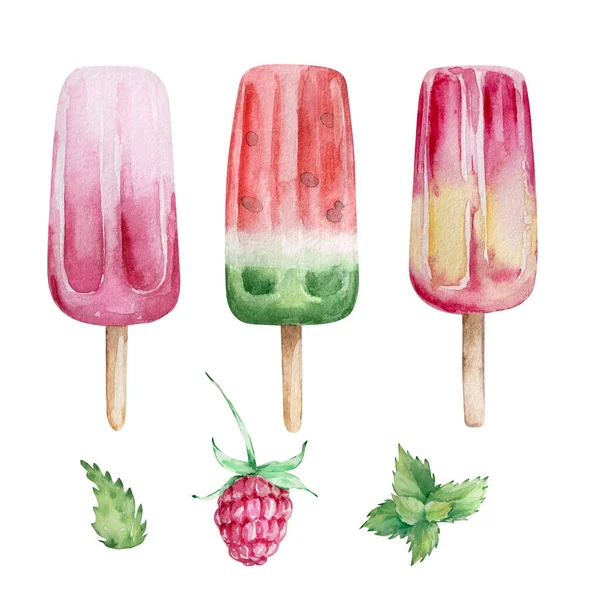 Watercolor Set Fruit Ice Creams Stick Berrie — Stock Photo, Image