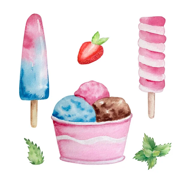 Watercolor set of fruit ice creams on a stick with berrie