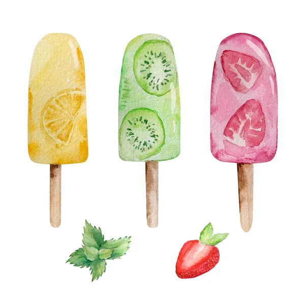 Watercolor Set Fruit Ice Creams Stick Berrie — Stock Photo, Image