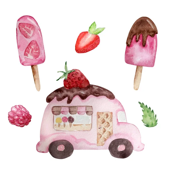 Watercolor set of fruit ice creams and ice cream shop bus
