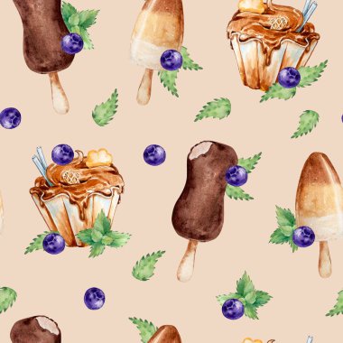 Kahverengi arka planda suluboya karamel ve çikolatalı dondurma desenleri.