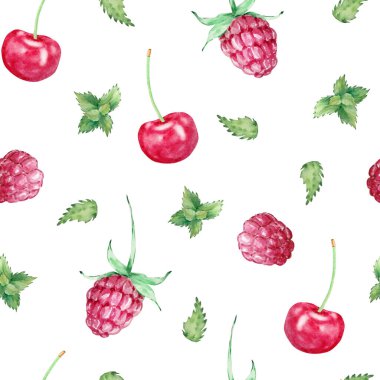 Suluboya ahududu ve kirazdan oluşan kusursuz yaz meyveleri.