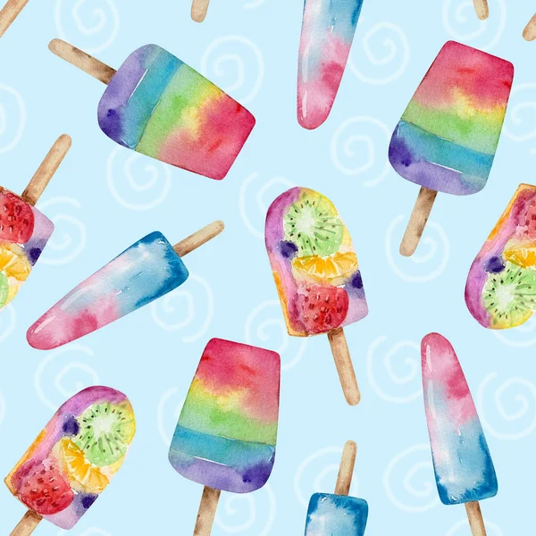 蓝色背衬上的水彩彩虹和水果冰淇淋的无缝制夏季图案 — 图库照片