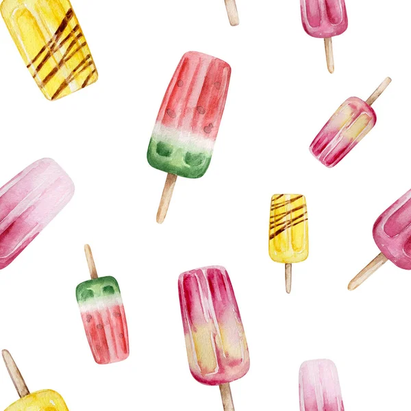 スティック上の水彩フルーツアイスのシームレスな夏のパターン — ストック写真