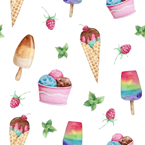 Seamless Summer Pattern Watercolor Fruit Ice Creams Berrie — Stock Photo, Image
