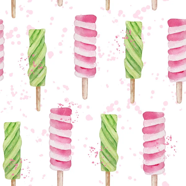 Patrón Verano Sin Costuras Acuarela Rosa Helados Verdes Stic — Foto de Stock