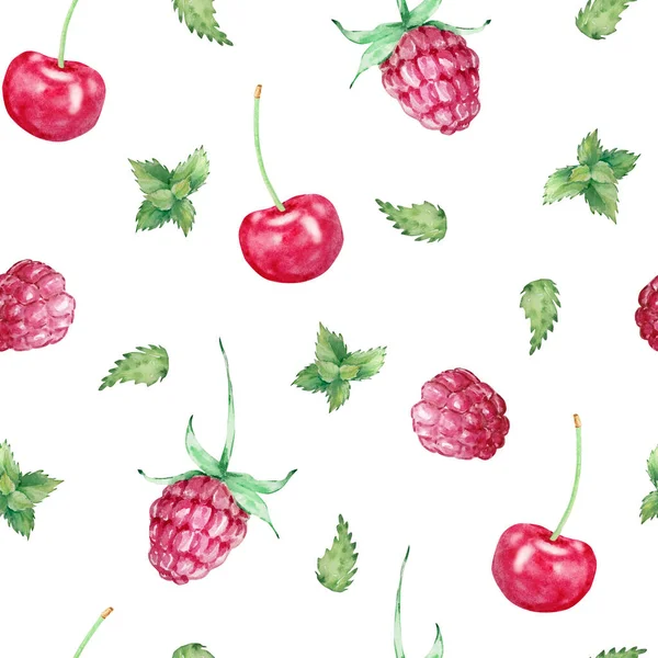 Suluboya ahududu ve kirazdan oluşan kusursuz yaz meyveleri.