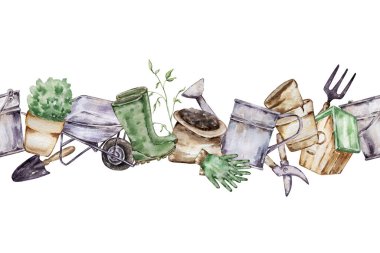 Bahçe aletleri ve bitkilerin suluboya kusursuz sınırı