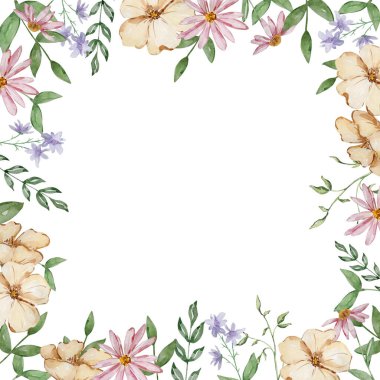 Bahçe bejinden suluboya kare çerçeve, pembe ve mor çiçek