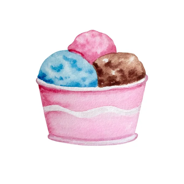粉红咖啡中的水彩冰淇淋球 — 图库照片