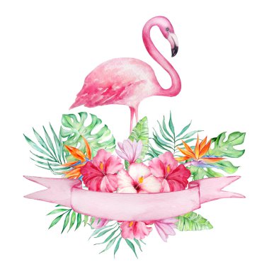 Parlak tropikal çiçekler ve afişlerle suluboya pembe flamingo