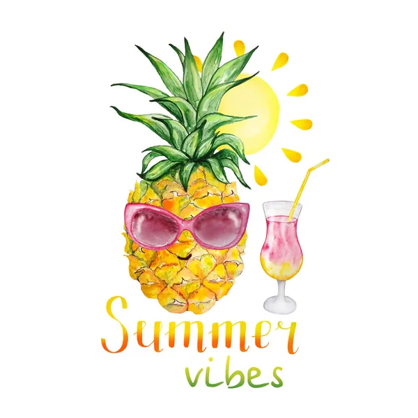 Aquarell Ananas Mit Sonnenbrille Und Cocktail Und Sonne — Stockfoto