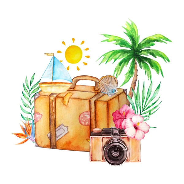 Valise Aquarelle Avec Palmier Bateau Appareil Photo — Photo