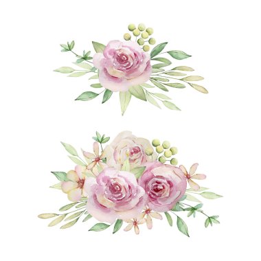 Suluboya çiçek seti İki buket gül ve yaprak