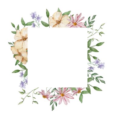 Bahçe bejinden suluboya kare çerçeve, pembe ve mor çiçek