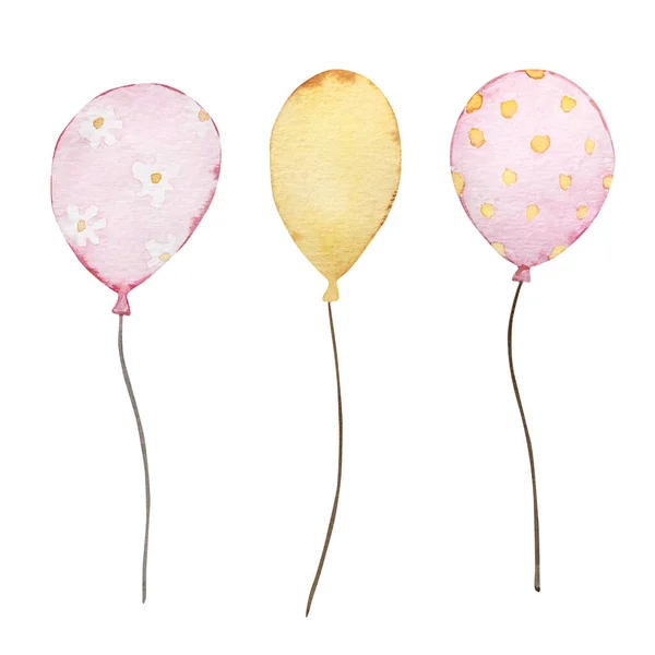 Aquarell Niedliches Set Aus Drei Luftballons Gelb Und Rosa — Stockfoto