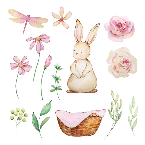 Watercolor cute Easter set, rabbit, delicate flowers, dragonfly, basket and leaves