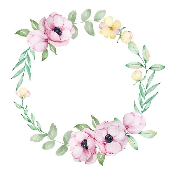 Watercolor Wreath Pink Anemones Flowers — Fotografia de Stock