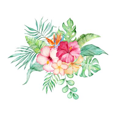 Çiçek ve tropik yapraklardan oluşan suluboya tropikal buket