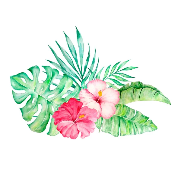 Çiçek Tropik Yapraklardan Oluşan Suluboya Tropikal Buket — Stok fotoğraf