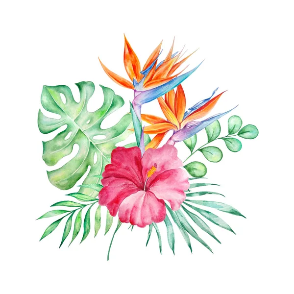 Watercolor tropical bouquet of hibiscus flowers and tropical leaves