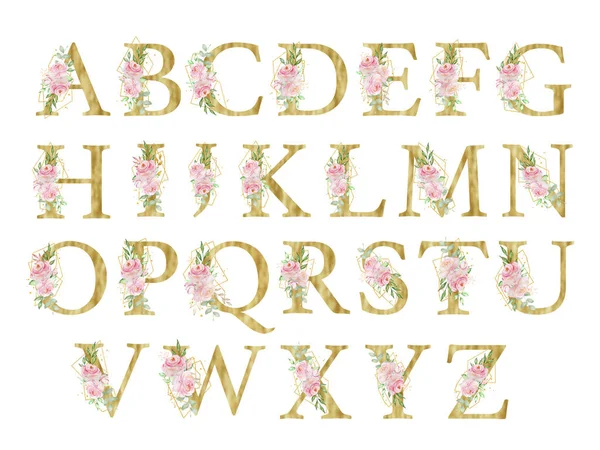 Alfabet Kwiatowy Akwarelowy Złota Litera Różami Liśćmi Złotą Geometryczną — Zdjęcie stockowe