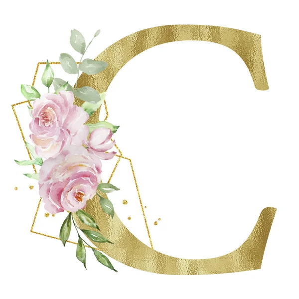 Floral Watercolor Alphabet Golden Letter Roses Leaves Golden Geometric —  Fotos de Stock