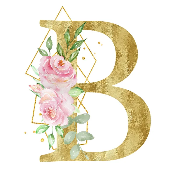 Floral Watercolor Alphabet Golden Letter Roses Leaves Golden Geometric — Foto de Stock