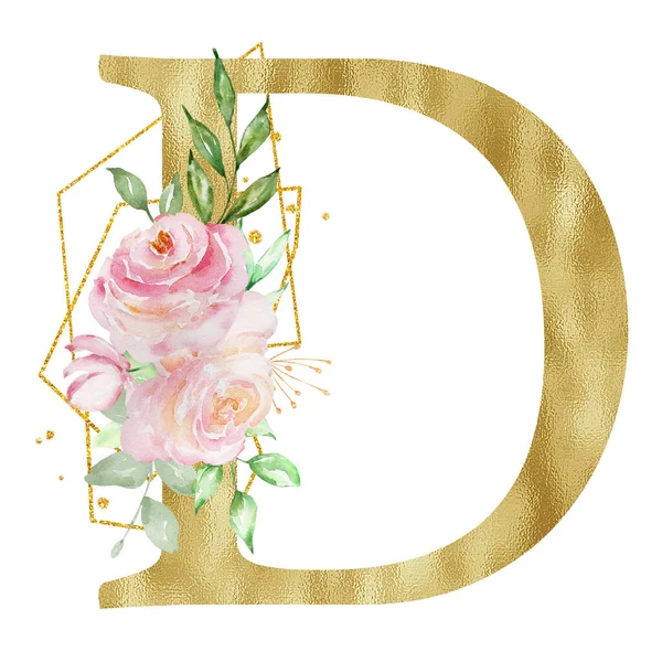 Floral watercolor alphabet, golden letter D with roses, leaves and golden geometric