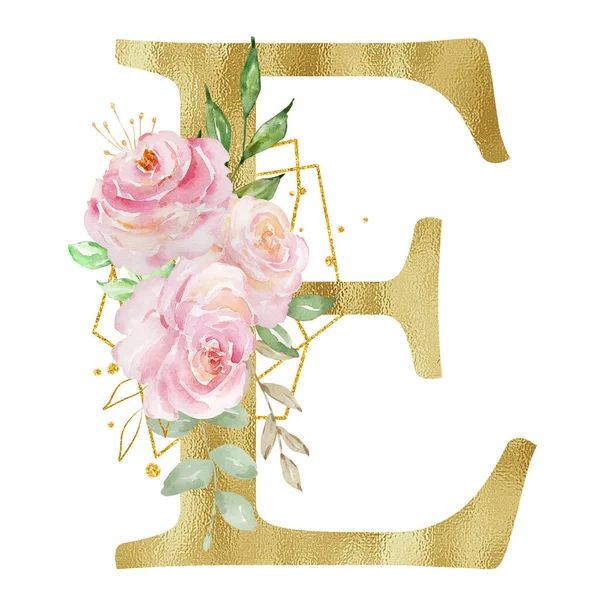 Floral watercolor alphabet, golden letter E with roses, leaves and golden geometric